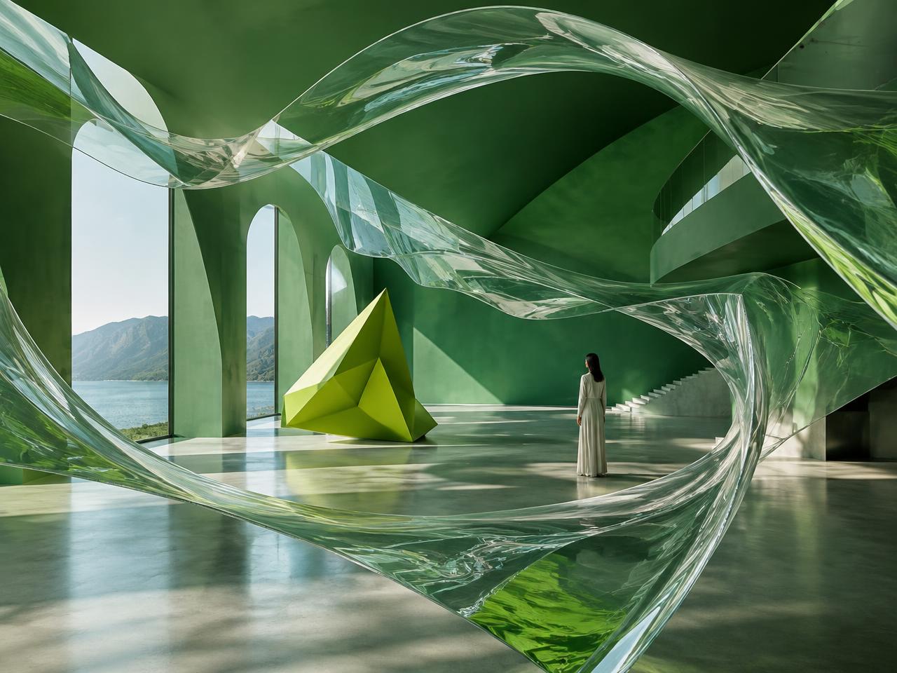 AI-generated cinematic glass sculpture in a green architectural gallery