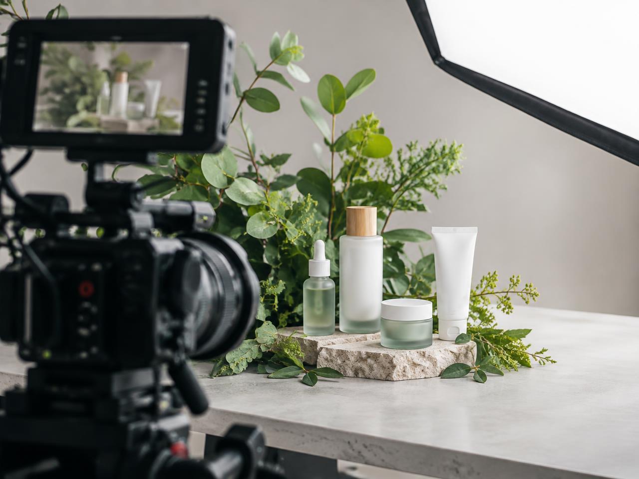 Cinema camera filming a product arrangement on a professional commercial set