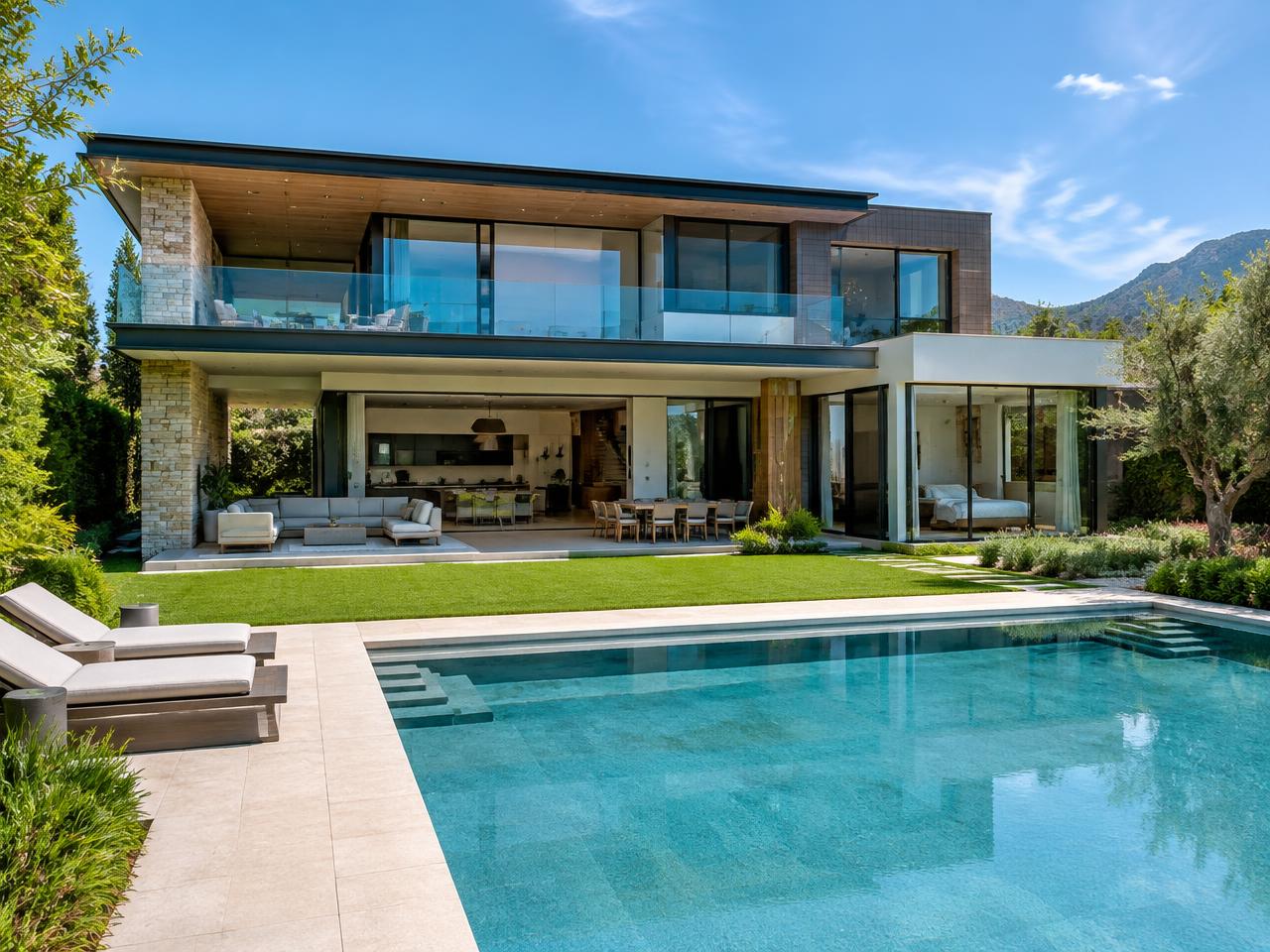 Contemporary luxury home with glass walls, landscaped garden and swimming pool