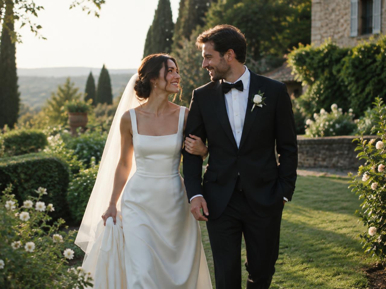 Bride and groom walking together in a sunlit garden