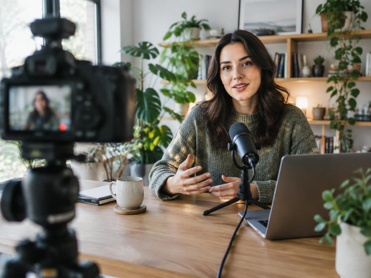 Creator recording a video with a camera and microphone in a bright studio