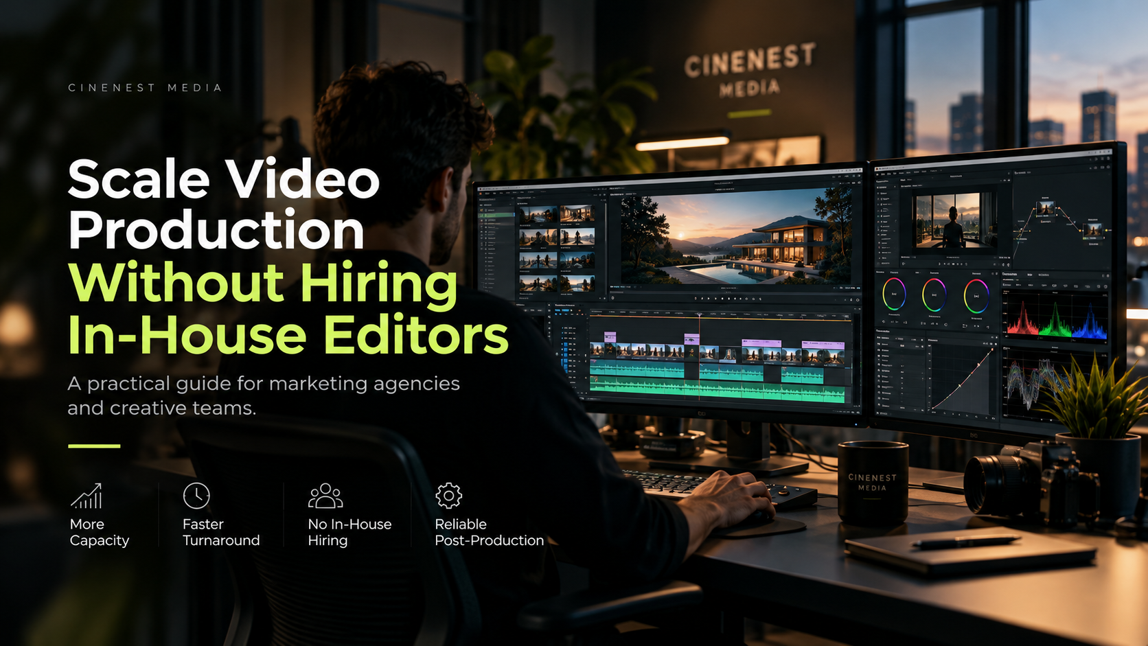 White-label video editing for agencies, shown in a professional video editing studio